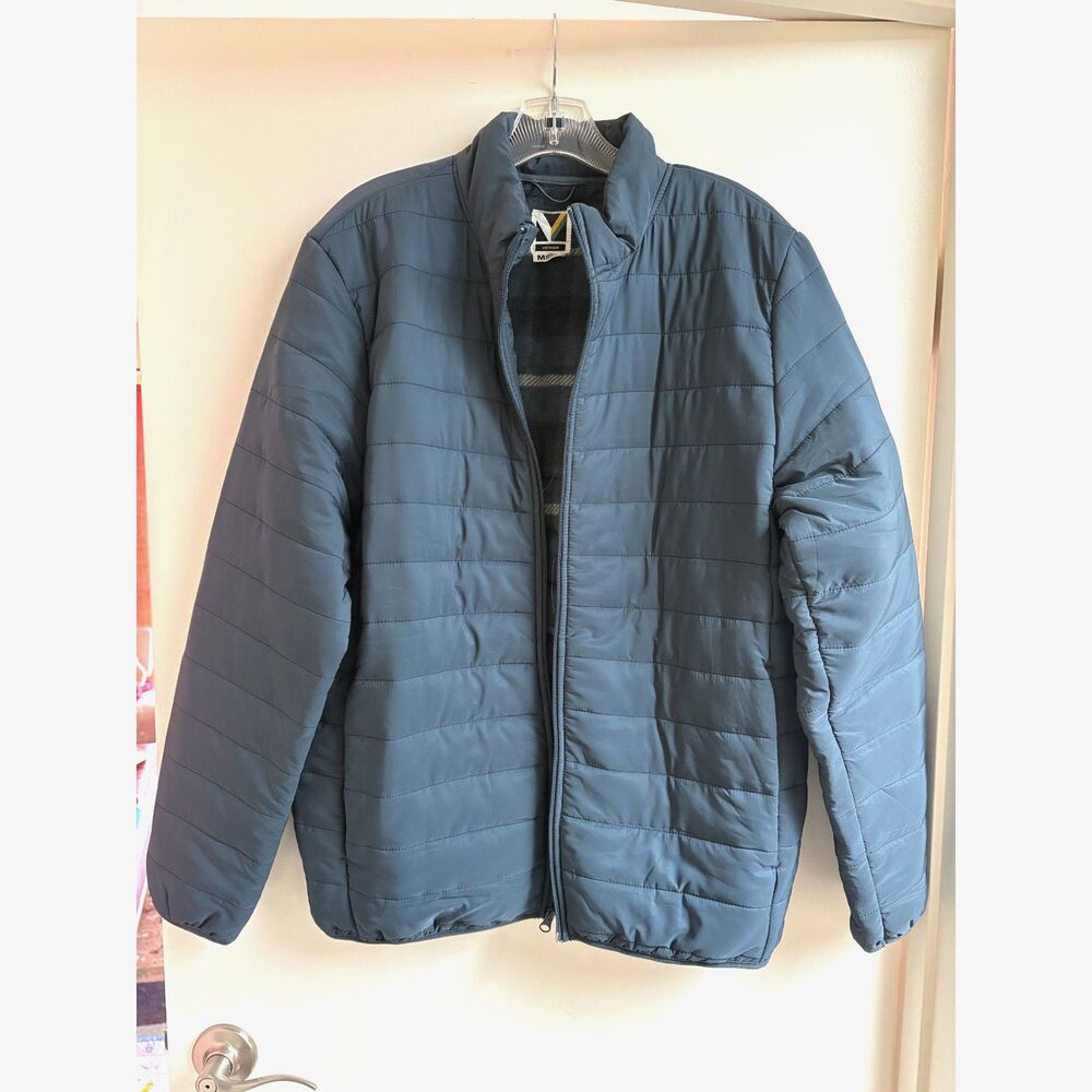 Voyager Weatherproof Puffer Jacket Slate Blue Teal Green Plaid Fleece Coat M L